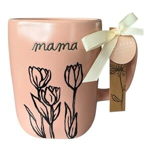 Rae Dunn Pink MAMA Mug With Black‎ Sketch Tulips Mother's Day Floral Tea Cup